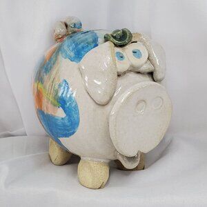 Vtg Piggy Bank Studio Art Pottery Ceramic Glazed Pig, Cowboy Hat & Large Snout